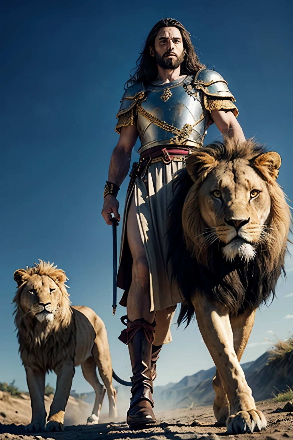 Jesus Christ as a triumphant Warrior KING walking alongside a fierce Lion