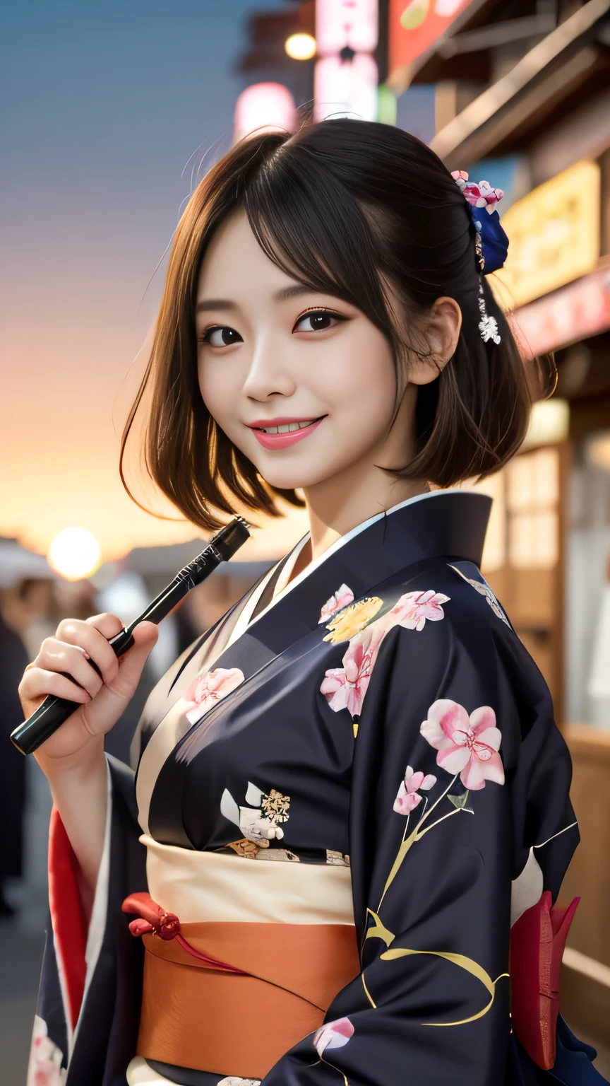 Looking into the camera,(((Highest quality, 8k, masterpiece))), Sharp focus, (Beautiful woman with perfect figure), thin, (Hairstyle: Excellent)), ((kimono: Cane)), street: 1.2 Highly detailed face and skin texture Detailed eyes Double eyelid Random pose, (smile),sExcellenter cute Japan person,sExcellenter beauty Japanese girl, Realistic Face, double eyelid,smile,Summer festival , At sunset , Beautiful Teeth , Fireworks Background.