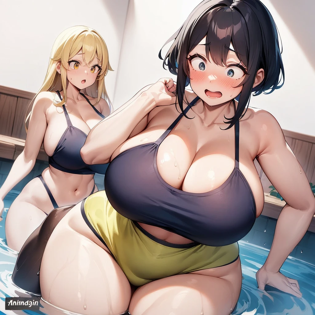 nude girl with long blonde hair, large breasts, wide waist, light brown eyes, bathroom, another girl with large breasts, wide waist, white eyes, long black hair, looking surprised, best quality, 4k, 8k, highres, masterpiece, ultra-detailed, realistic, photorealistic, photo-realistic, highly detailed facial features, extremely detailed eyes and face, long eyelashes, very detailed skin texture, hyper detailed, beautiful detailed eyes, beautiful detailed lips, intricate details, exquisite details, masterfully painted, photorealistic, cinematic lighting, cinematic composition, dramatic lighting, volumetric lighting, warm color palette, soft color tones