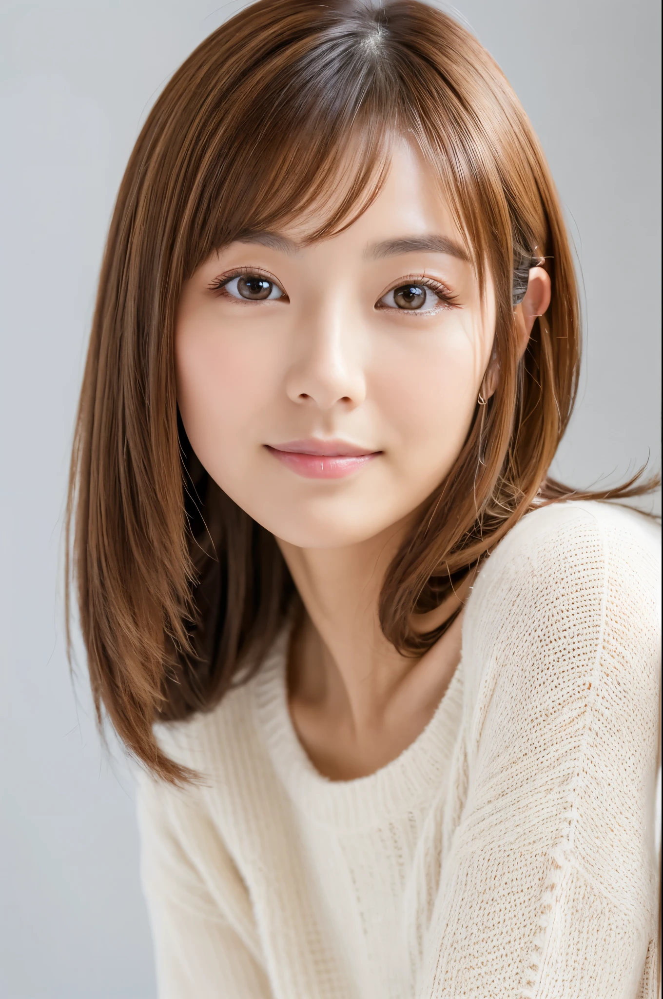 Japanese women, 30th Generation, Adult female、Background white, Simple background, White brown hair, thin, 4K, 8k, high quality, Beauty Products, Beautiful Eyes, Simple, High resolution,1 person,Beautiful Skin,Beautiful Skin,Wearing a white knit