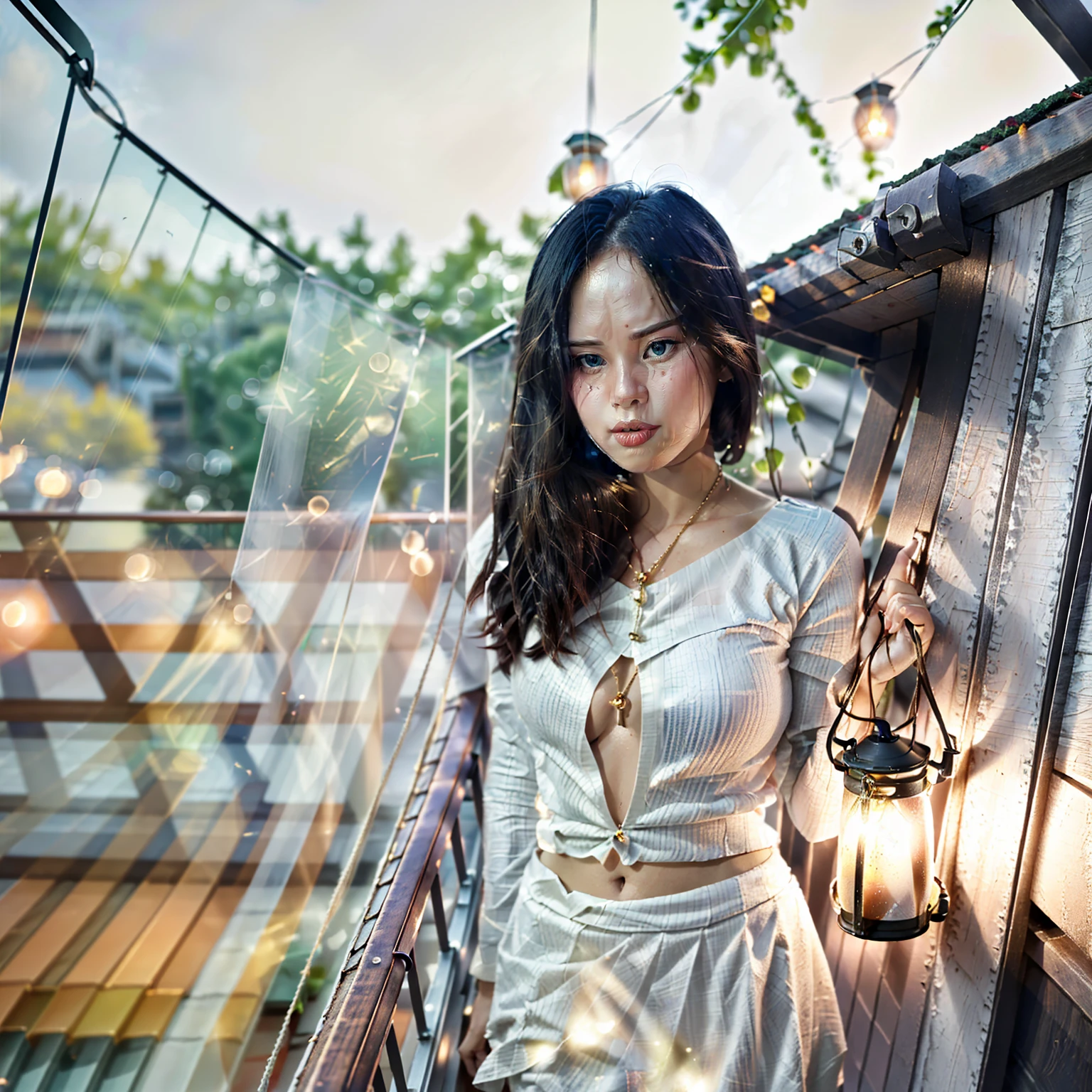 Burmese beautiful woman, 1 girl, solo, pretty lady MoonLay, innocent cute smile, red lips, (standing and seductively arch her back and leaning against the balcony wall and seductively gazing to the sky pose:1.5), smooth face skin, traditional beauty, cinematic portrait glow lighting, traditional dress, (white shirt:1.3), (red skirt:1.3), (half body portrait view:2), (rooftop balcony with vibrant colorful hanging lanterns background:1.5), (cinematic bokeh blur background:1.5), (cinematic camera angle), cinematic lighting, perfect anatomy,