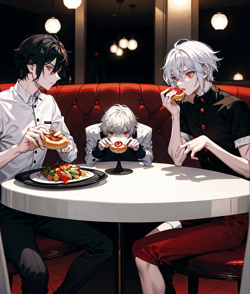 There are three young men, the first has black hair and orange eyes, the second has white hair and red eyes, the third has black hair and red eyes, and the three of them are eating. The background is that they are in a restaurant.