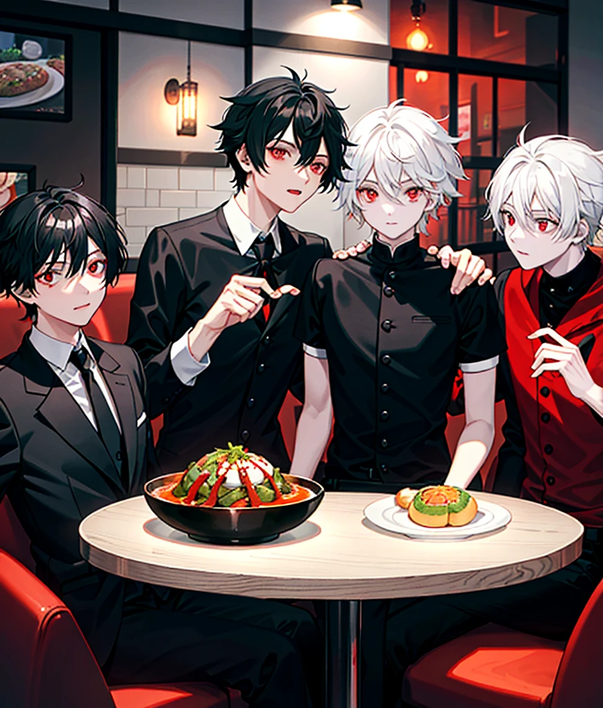 There are three young men, the first has black hair and orange eyes, the second has white hair and red eyes, the third has black hair and red eyes, and the three of them are eating. The background is that they are in a restaurant.