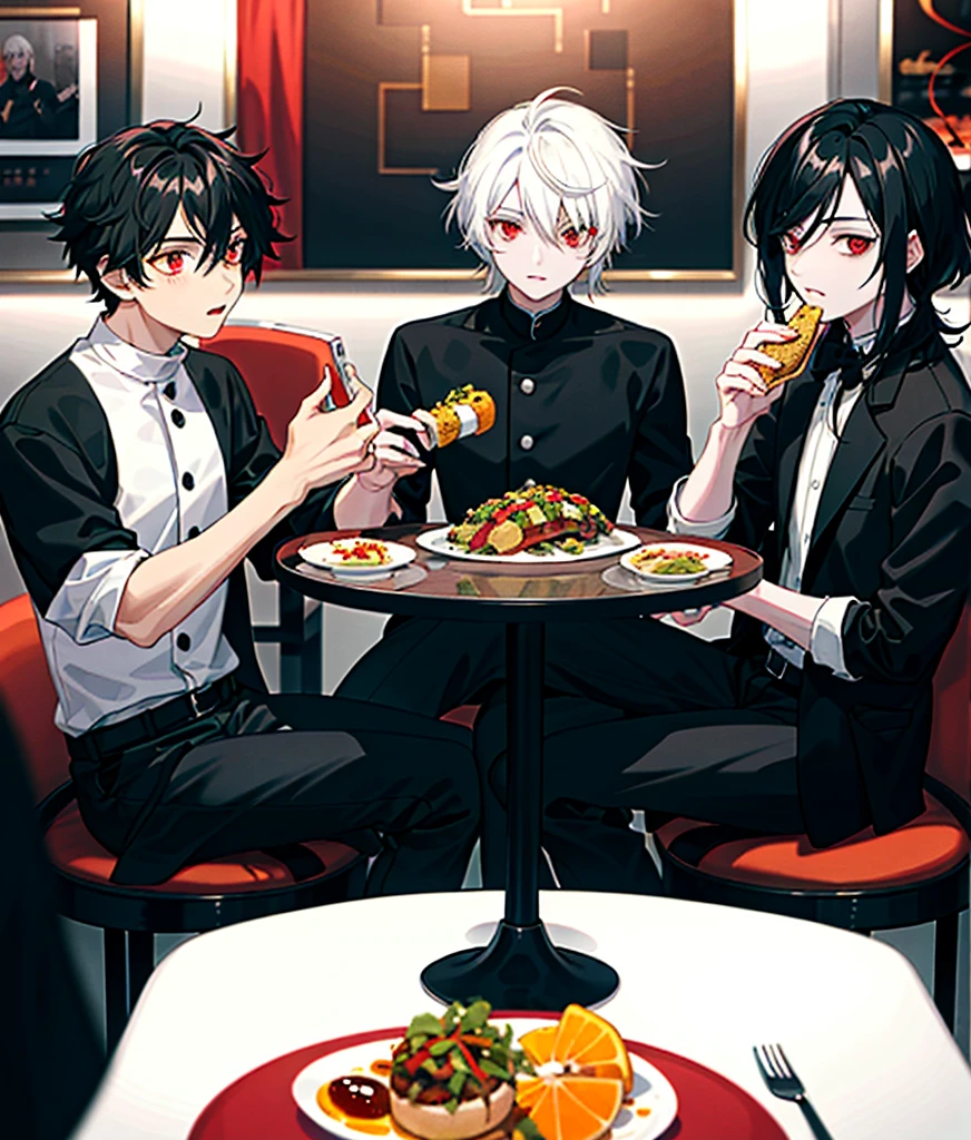There are three young men, the first has black hair and orange eyes, the second has white hair and red eyes, the third has black hair and red eyes, and the three of them are eating. The background is that they are in a restaurant.