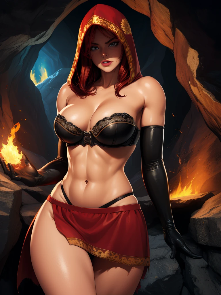 Dsorceress, redhair, shadowy face,dark cave, fire, hood, shadowed face, strapless bra, slim and athletic body, miniskirt, no panty, elbow gloves, dark skin, 1 girl (insanely detailed, masterpiece, best quality)