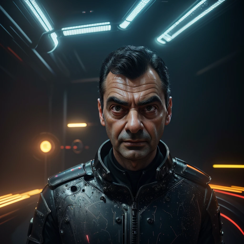 a futuristic mr.bean , sarcastic expression, photorealistic, (best quality,4k,8k,highres,masterpiece:1.2),ultra-detailed,(realistic,photorealistic,photo-realistic:1.37),cinematic lighting,dramatic shadows,intricate details,dramatic colors,neon lights,holographic elements,abstract background,unique digital art,exclusive,never used before
