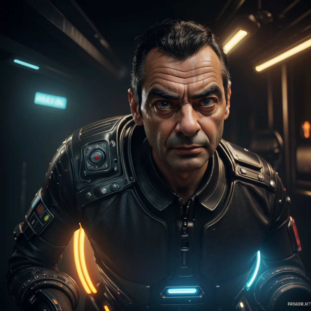 a futuristic mr.bean , sarcastic expression, photorealistic, (best quality,4k,8k,highres,masterpiece:1.2),ultra-detailed,(realistic,photorealistic,photo-realistic:1.37),cinematic lighting,dramatic shadows,intricate details,dramatic colors,neon lights,holographic elements,abstract background,unique digital art,exclusive,never used before
