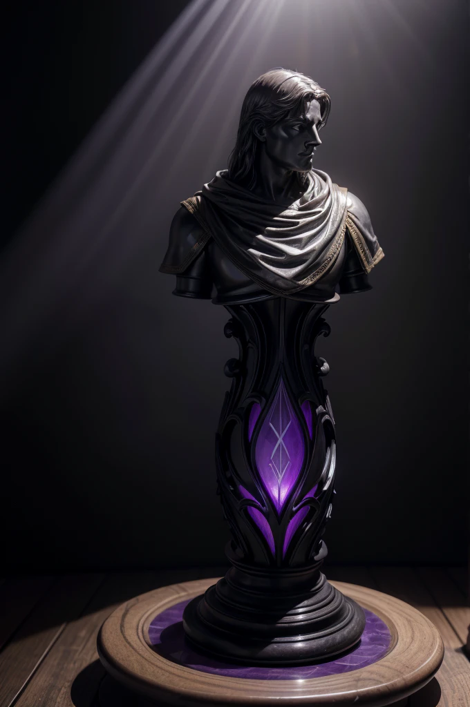 Create a 3D image of a classic, finely detailed, black marble knight chess piece with a polished finish, placed on a dark wooden surface against a black background, illuminated by a dim, purple-hued light from behind that creates a soft halo effect, with a slight secondary light in front to reveal the design details, viewed from a slightly inclined angle to show both front and side, featuring soft shadows, subtle reflections of the purple light on the marble, visible marble texture, and a light mist effect around the base for a mysterious and elegant atmosphere.