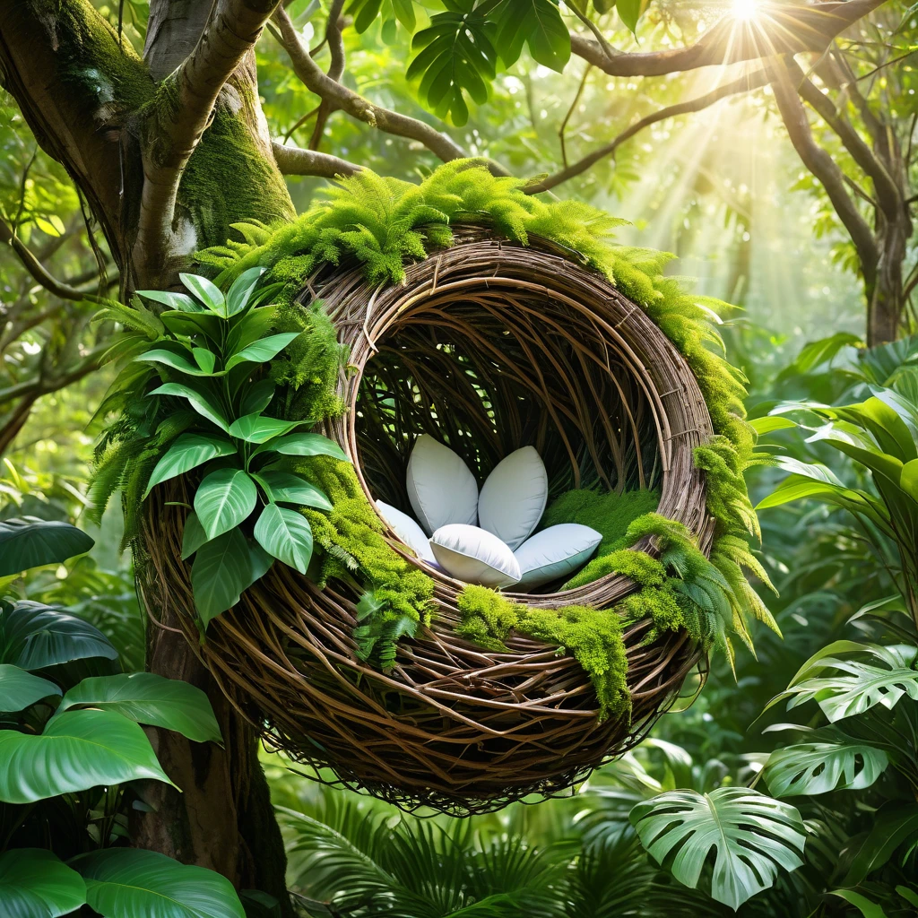 tree nest,in a lush tropical forest,vibrant colors of nature,delicate and intricately woven,best quality,ultra-detailed,fine craftsmanship,soft feathers,shimmering in the sunlight,twigs and leaves intertwined,natural and organic,exquisite masterpiece,beautifully designed,suspended on a branch,hidden and protected,harmonious with the surroundings,great attention to detail,nurturing new life,tranquil and peaceful,highres,carefully constructed,homely and secure,blending seamlessly with nature,vivid green foliage,photorealistic,dappled sunlight,serene and comforting,amongst the lush canopy,dream-like and ethereal,masterful creation.