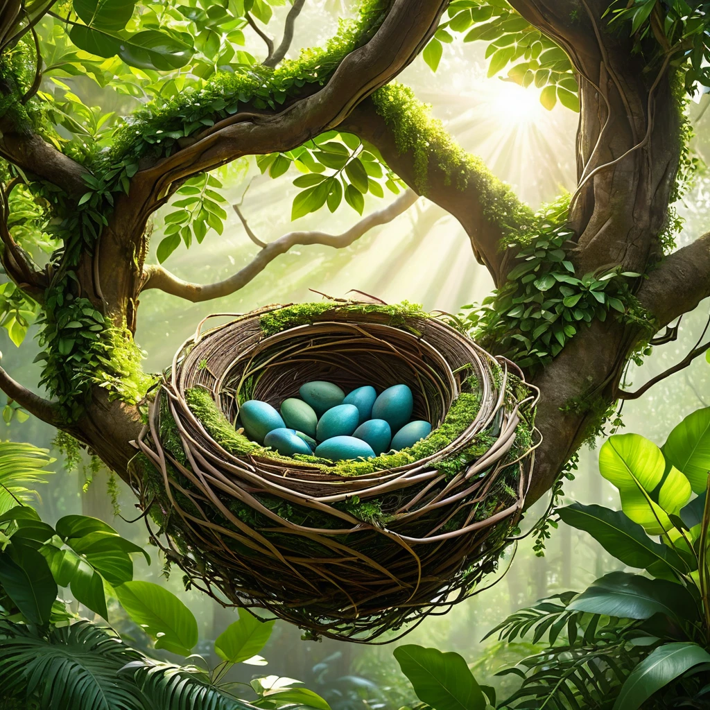 tree nest,in a lush tropical forest,vibrant colors of nature,delicate and intricately woven,best quality,ultra-detailed,fine craftsmanship,soft feathers,shimmering in the sunlight,twigs and leaves intertwined,natural and organic,exquisite masterpiece,beautifully designed,suspended on a branch,hidden and protected,harmonious with the surroundings,great attention to detail,nurturing new life,tranquil and peaceful,highres,carefully constructed,homely and secure,blending seamlessly with nature,vivid green foliage,photorealistic,dappled sunlight,serene and comforting,amongst the lush canopy,dream-like and ethereal,masterful creation.