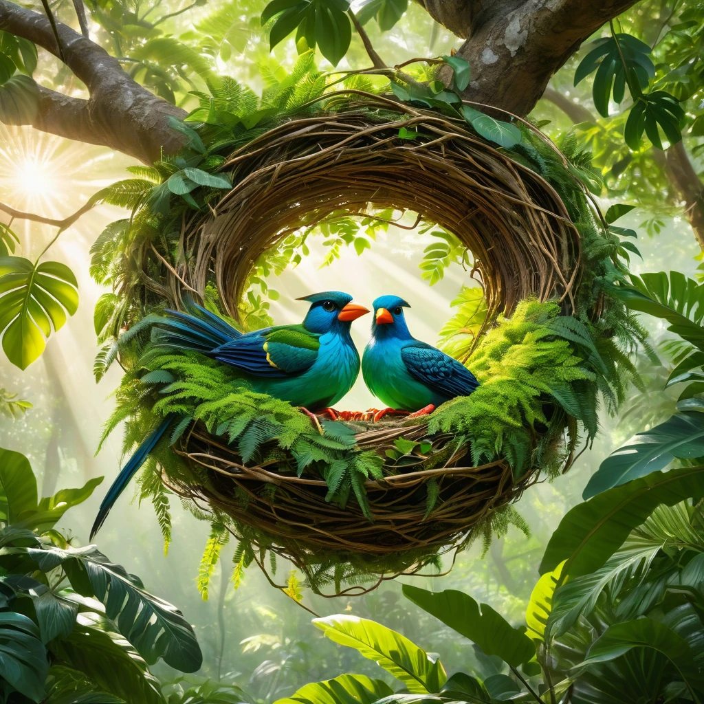 tree nest,in a lush tropical forest,vibrant colors of nature,delicate and intricately woven,best quality,ultra-detailed,fine craftsmanship,soft feathers,shimmering in the sunlight,twigs and leaves intertwined,natural and organic,exquisite masterpiece,beautifully designed,suspended on a branch,hidden and protected,harmonious with the surroundings,great attention to detail,nurturing new life,tranquil and peaceful,highres,carefully constructed,homely and secure,blending seamlessly with nature,vivid green foliage,photorealistic,dappled sunlight,serene and comforting,amongst the lush canopy,dream-like and ethereal,masterful creation.