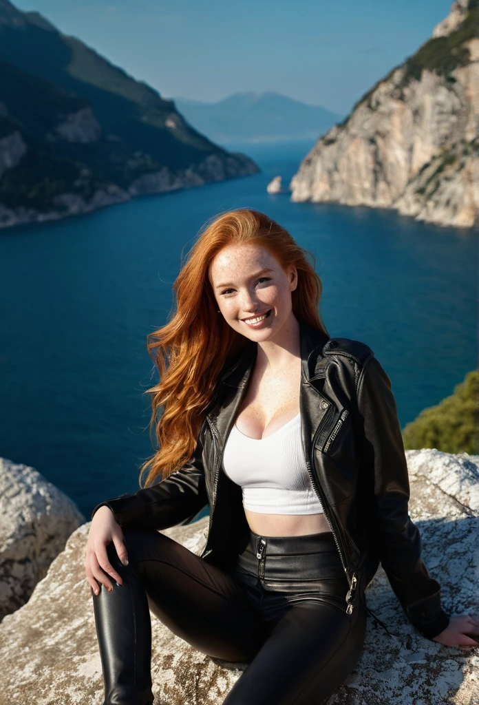 photography of mountains and sea in Italy, there is a Madelaine Petsch in right corner of the photography, sitting on a arock in winter sport jacket and leather pants, long ginger hair, day light, enjoying, girls, summer, hot girls, (((very heavy bust))), ginger hair, long_hair, symmetrical face, photorealistic, photography, gorgeous, , western, (masterpice), best quality, high resolution, spectacular lighting, extremely detailed, skin with pores, freckles, depth of field, C-cup breats, model body, cinematic lighting, smiling, direct look at camera, detailed environment, rock mountains in Italy, extremely detailed environment