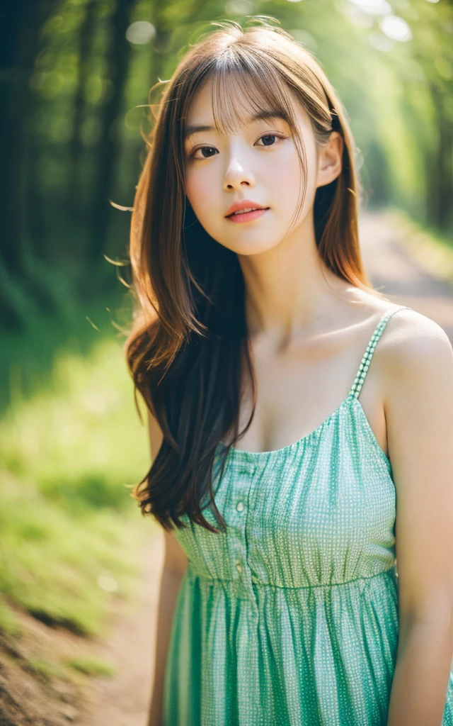 masterpiece, Best Quality, 8K, 1 girl, Japanese cute  girl, in summer, forest, stream, out of focus, 18 yo, large breasts, Mouth slightly open, cute little, Solo, sad, summer dress, Girly, Delicate girl, Neat and clean beauty, Raw photo, Professional Photography, Portrait, Soft light, Professional Lighting, Back lighting, Upper body, see the beholder, Sophisticated, Film grain, (Eyes and faces with detailed:1.0), medium hair swaying in the wind, beautiful flowing brown hair,