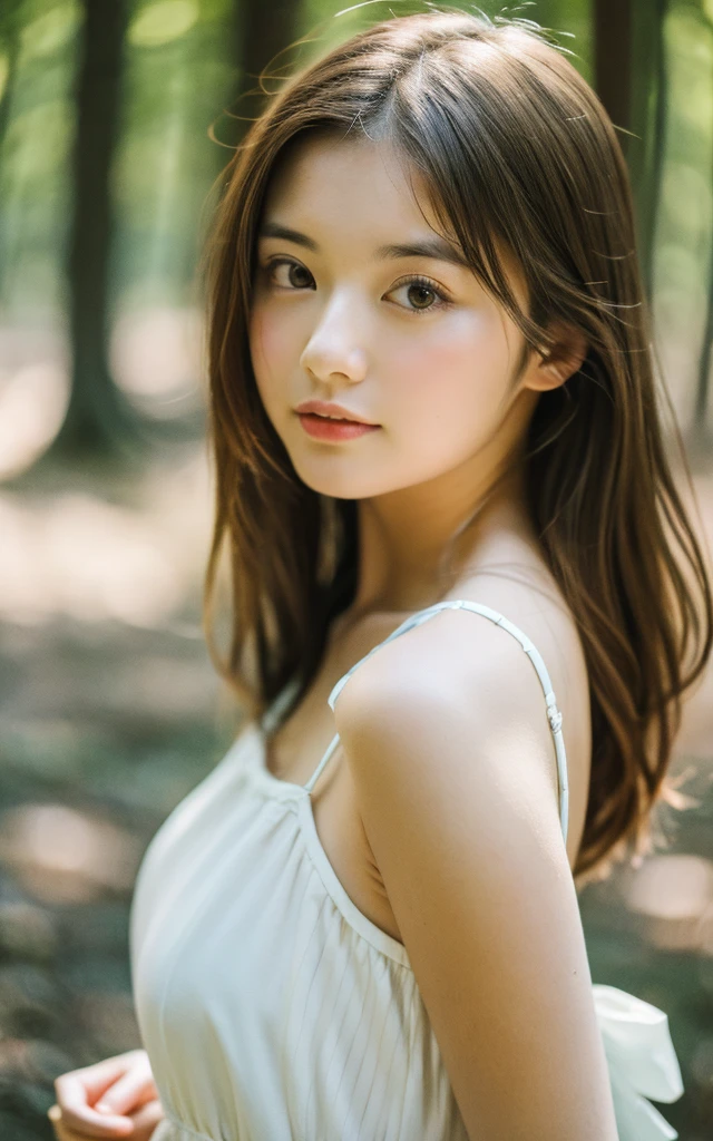 masterpiece, Best Quality, 8K, 1 girl, Japanese cute  girl, in summer, forest, stream, out of focus, 18 yo, large breasts, Mouth slightly open, cute little, Solo, sad, summer dress, Girly, Delicate girl, Neat and clean beauty, Raw photo, Professional Photography, Portrait, Soft light, Professional Lighting, Back lighting, Upper body, see the beholder, Sophisticated, Film grain, (Eyes and faces with detailed:1.0), medium hair swaying in the wind, beautiful flowing brown hair,