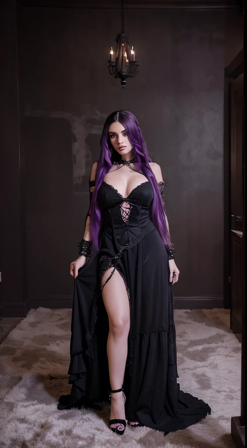 pretty, Youngh, 21 years, Absurdly long hair, purple dyed hair, American latin woman, goth woman, gothic goddess, room plan, sensualizing, passionate, sexly, realisitic, full body