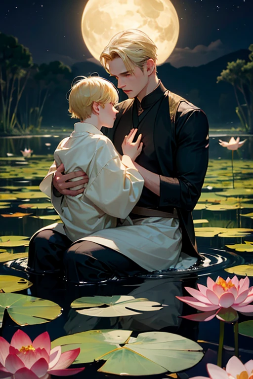 In the lotus pond under the moonlight,A blonde man holds a black-haired man in his arms so he doesn't fall .,,The water from the pool covered their waists and hips..,Smoke on the Water,light clothing,There are snakes on the surface of the water..