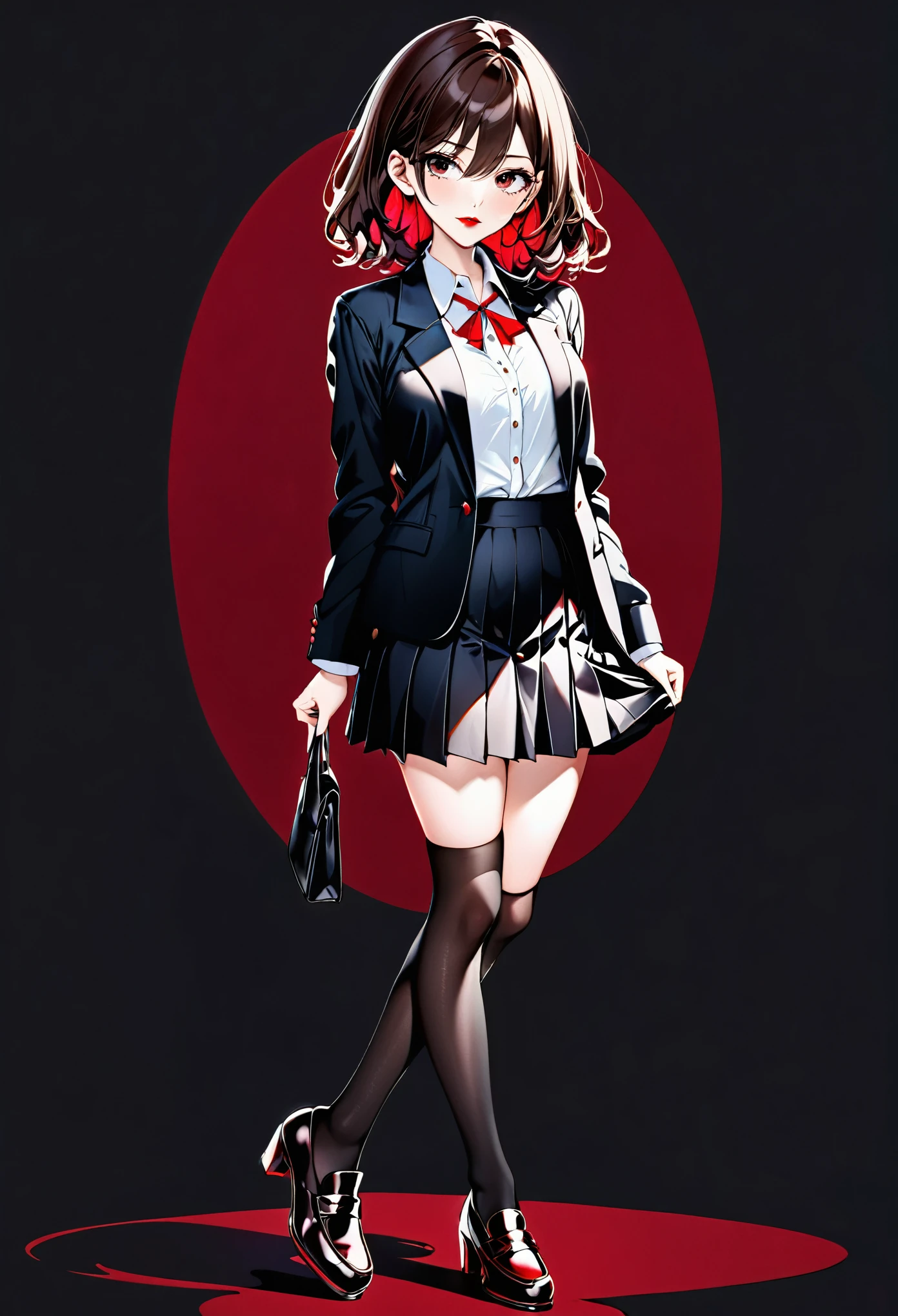 full body view, dark academia style, shirt tucked into short high-waisted skirt, stockings, dark academia blazer over shirt, black high heeled penny loafers, red lipstick, dark eyeshadow, beautiful brunette, innocent and demure expression, delicate pose