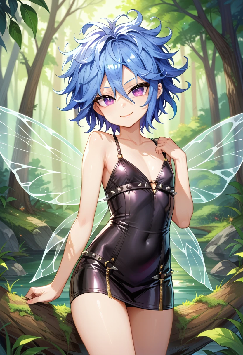 score_9, score_8_up, score_7_up, best quality, masterpiece, 4k, prefect lighting, very aesthetic, source_anime, Masterpiece, Hyper detailed, Best quality, UHD, Ultra high resolution, (16K), ((anatomically correct)), 1girl, (short dress:1.4), (messy hair:1.5), (skinfang:1.4), ((leather accents)), ((spiked jewelry)), lingerie, ((fairy wings)), blue hair, short hair, messy bangs, ultra-detailed face, beautiful detailed eyes, ((narrowed-eyed)), violet eyes, flat chest, (cute eyes:1.4), smug expression, seductive pose,solo, Dynamic portrait, ((woods)), stream, (fantasy)