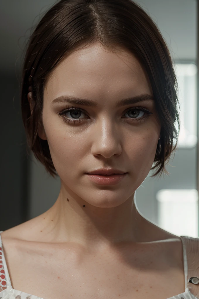 Elizabeth Henstridge with short hair,white polka dot dress,slender body,sad expression,beautiful detailed eyes,beautiful detailed lips,extremely detailed eyes and face,longeyelashes,high quality,8k,ultra-detailed,realistic,photorealistic,photo-realistic:1.37,HDR,UHD,studio lighting,ultra-fine painting,sharp focus,physically-based rendering,extreme detail description,professional,vivid colors,bokeh,portrait