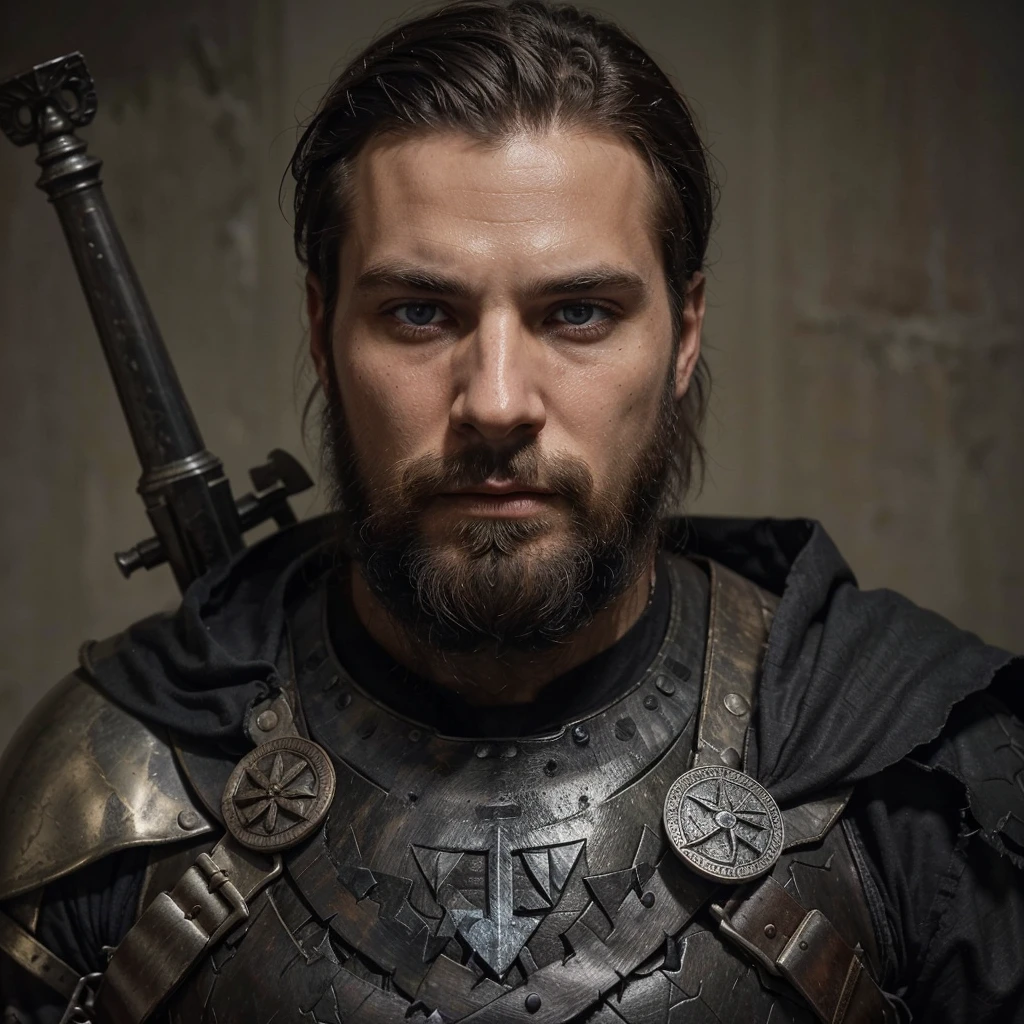 Conrad was a tall and strong young man, but an experienced man. He had piercing blue eyes, who seemed able to see through the very depths of the darkness of our world. His black hair was cut short, and the beard is quite thick, expressing severity , determination and paying tribute to its culture, Despite his young age, he already had gray strands of hair, this is a consequence of large doses of herbal decoctions and the internal state after all the battles with the horrors of this world . His face showed clear signs of battle and trials., reflecting his past when he was a Varangian and now , when he is a cleaner-messenger of God .
Conrad wore lightweight knight's armor on a leather suit decorated with the symbols of the New Vatican - a cross and other sacred signs, as well as pagan runes as a tribute to one’s past and ancestors. On his belt hung a sword with a carefully sharpened blade., shaped like a cross ready for battle at any moment. His stoic posture and confident gaze exuded unshakable determination and dedication to the war effort. .