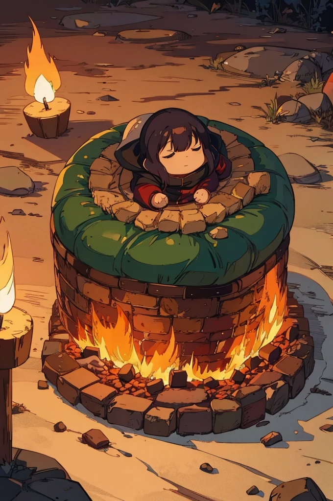 Environment with cooking in a cave RPG with pans on the floor with food and sleeping bags with torches, candles and bonfires Red-headed dwarf cooking with the sound of a stove, just bonfires and food