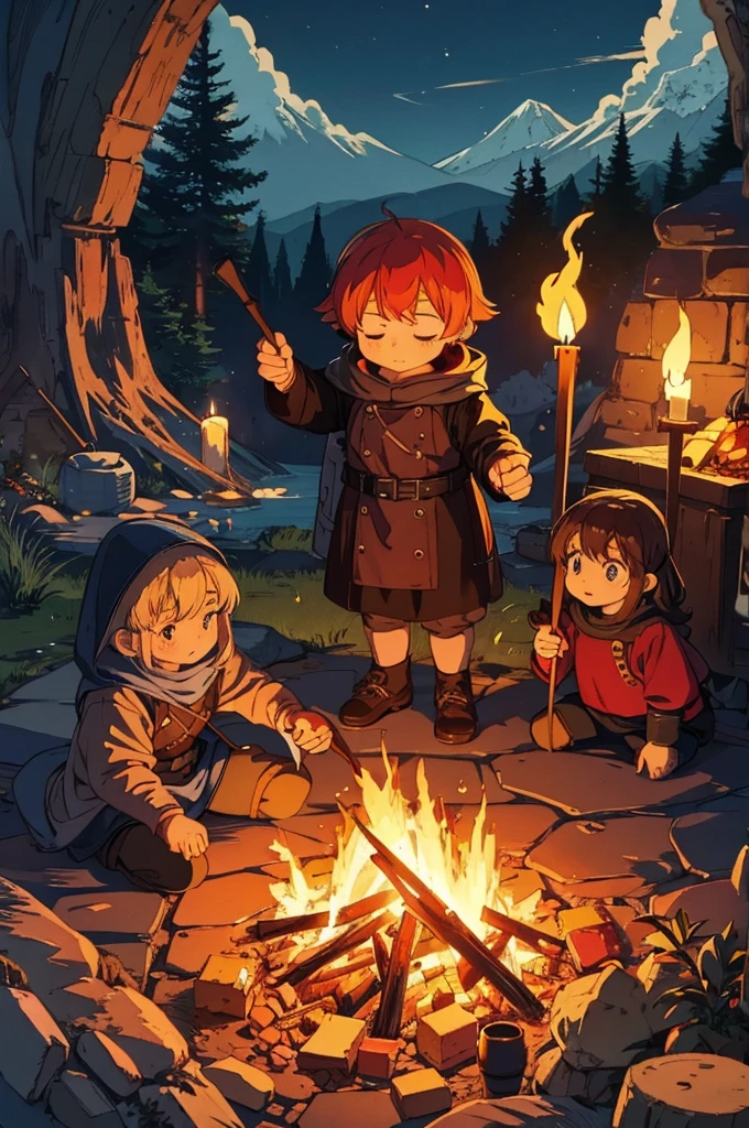 Environment with cooking in a cave RPG with pans on the floor with food and sleeping bags with torches, candles and bonfires Red-headed dwarf cooking with the sound of a stove, just bonfires and food