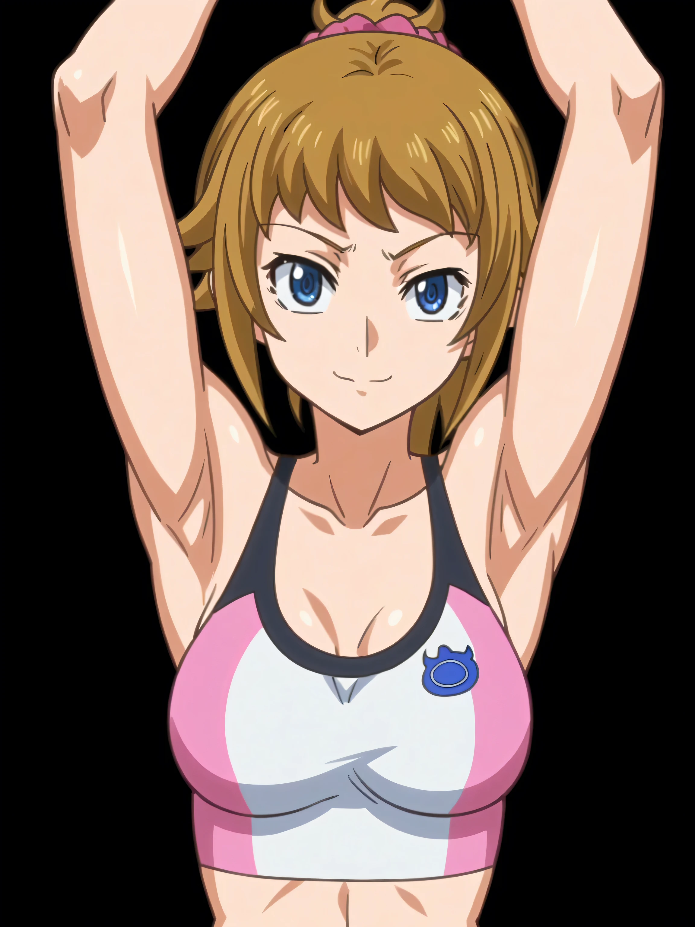 fumina hoshino, hoshino fumina, blue eyes, brown hair, ponytail, scrunchie, navel, sports bra, collarbone, white sports bra, pink sports bra, sleeveless, bare shoulders, bare arms, 1girl, solo, anime screencap, frontlighting, (simple background, black background, dark background:1.3), masterpiece, absurdres, hdr, soft light, best quality, detailed, highres, shiny skin, shiny hair, (looking at viewer, eye contact with viewer:1.5), smile, (closed mouth:1.2), (smug:0.5), arms up, raised arms, armpits, in the center, symmetrical, upright, score_8_up,