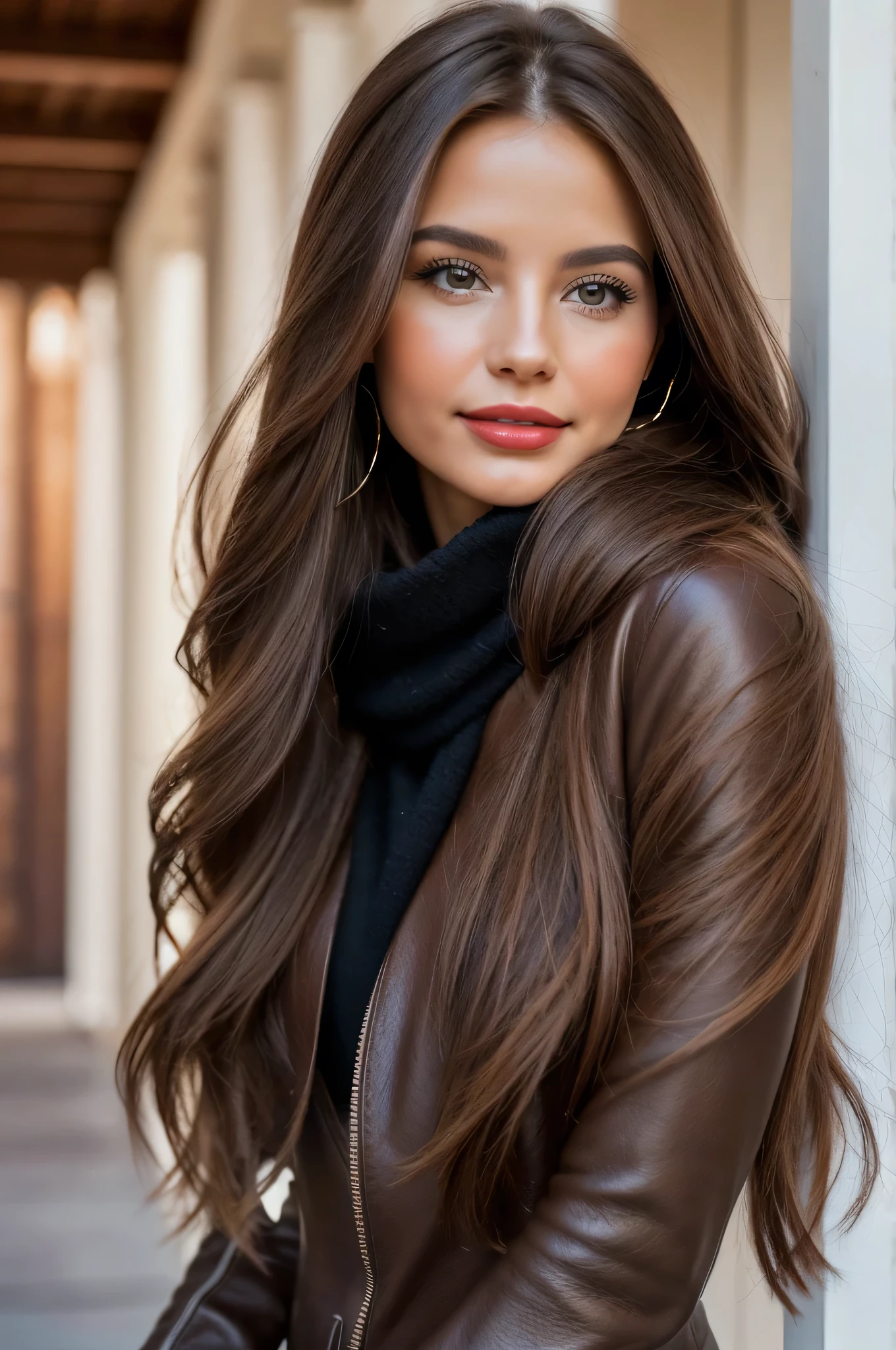 professional photograpy, best qualityer, 8k, hyper detailled, whole body, A close-up portrait of a beautiful, enchanting, appealing, gracious, majestic, chic, fashionable, Argentinian woman with super long flowing brown hair. Flying hair, silky hair, shiny hair, ethereal Argentine beauty, Argentine exotic beauty, timeless argentine beauty, Dreaming about Argentine beauty. She has the cutest face, radiant countenance, light porcelain skin, soft makeup, red lipgloss stick, She's wearing a black leather jacket, sweater, tissue, Skinny pants, and boots. Ela está glad, glad, happy, happy, rosto angelical, Angelic beauty. caring woman, tenderness and delicacy in person.