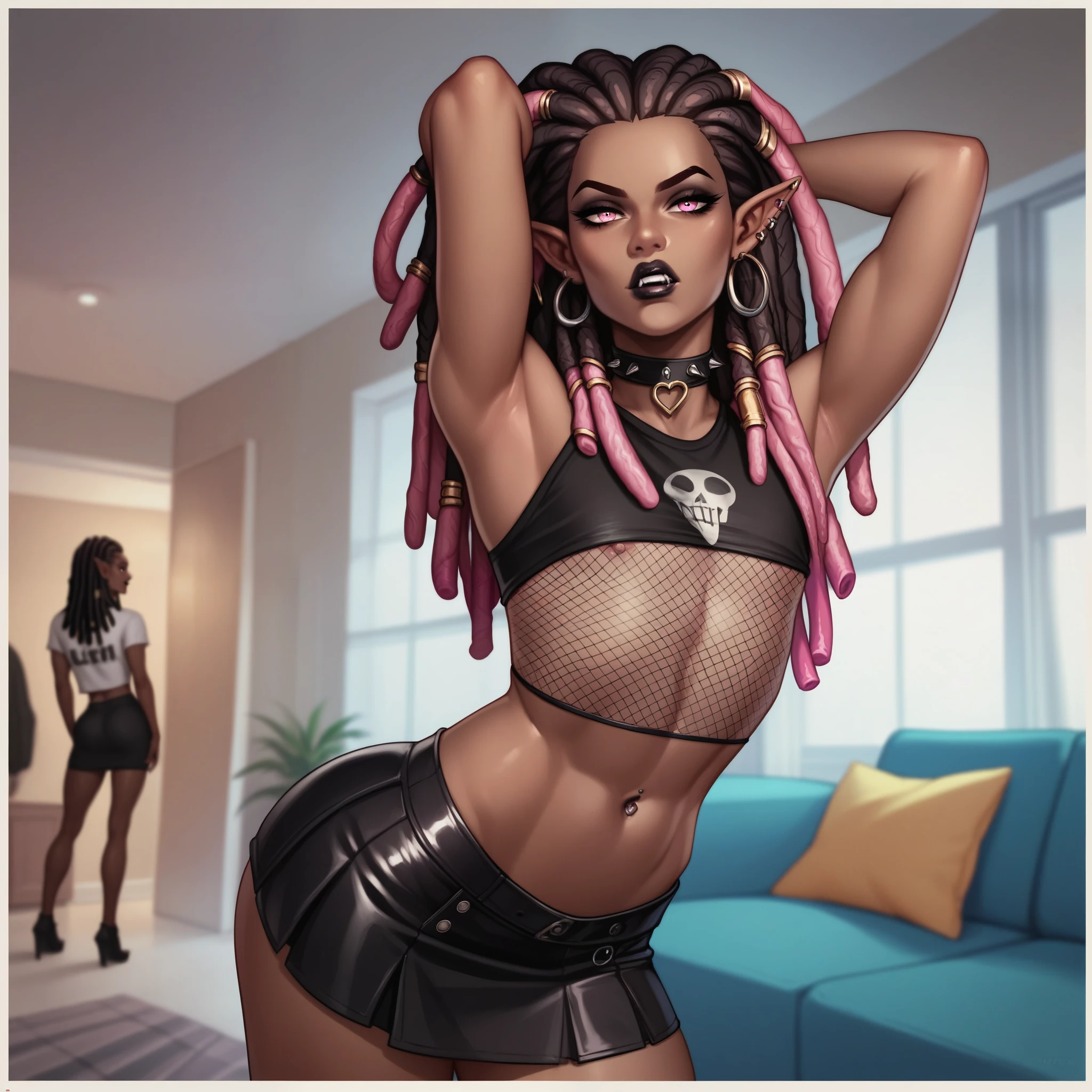 Best quality, highly detailed, ultra detailed, 1 brown skin boy, flat chest, male chest, slim curvy body, long pink dreadlocks, pink dreadlocks, pink eyes, vampire, pointy ears, sharp nails, black lipgloss, goth, black crop top, black mini skirt, fishnets, big butt, living room, leaning into audience, intimidating audience 