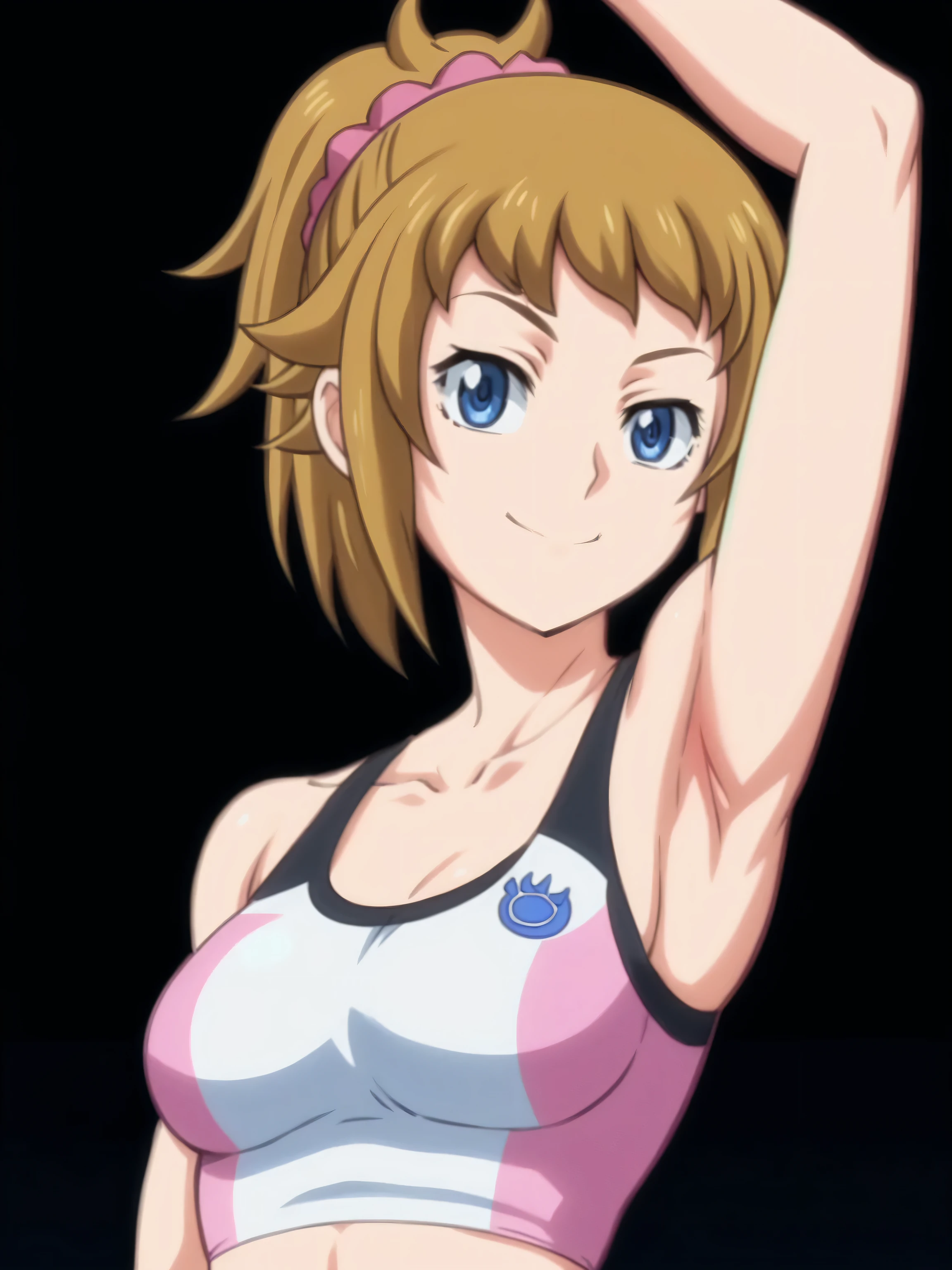 fumina hoshino, hoshino fumina, blue eyes, brown hair, ponytail, scrunchie, navel, sports bra, collarbone, white sports bra, pink sports bra, sleeveless, bare shoulders, bare arms, 1girl, solo, anime screencap, frontlighting, (simple background, black background, dark background:1.3), masterpiece, absurdres, hdr, soft light, best quality, detailed, highres, shiny skin, shiny hair, (looking at viewer, eye contact with viewer:1.5), smile, (closed mouth:1.2), (smug:0.5), arm up, raised arm, armpit, score_8_up, from side, from below