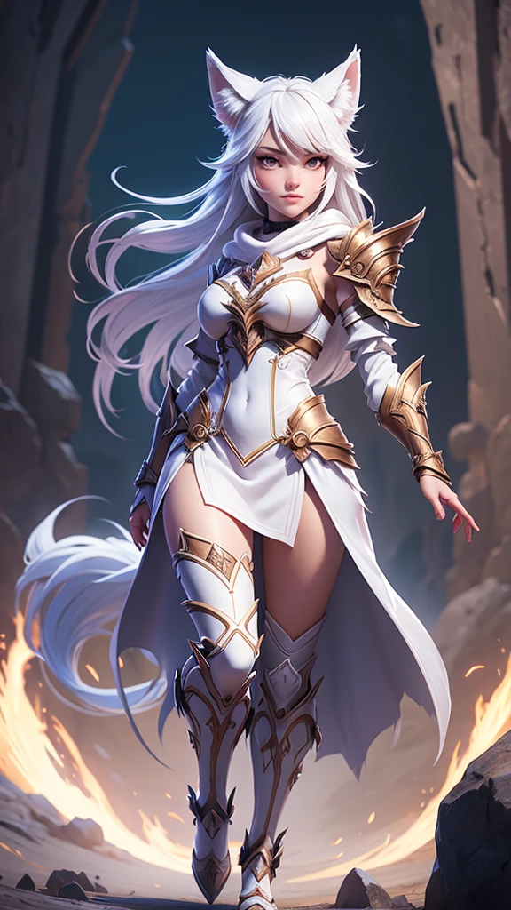 a girl in a white outfit and a wolf are walking, female anthropomorphic wolf, epic fantasy art style, fantasy art style, revealing wolf armor, showing lots of skin, wlop and rossdraws, wlop rossdraws, trending digital fantasy art, white wolf, epic fantasy art style hd, north female warrior, epic fantasy character art, by Yang J, detailed fantasy art