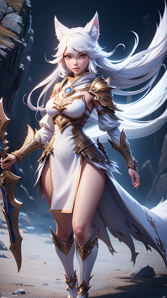 a girl in a white outfit and a wolf are walking, female anthropomorphic wolf, epic fantasy art style, fantasy art style, revealing wolf armor, showing lots of skin, wlop and rossdraws, wlop rossdraws, trending digital fantasy art, white wolf, epic fantasy art style hd, north female warrior, epic fantasy character art, by Yang J, detailed fantasy art