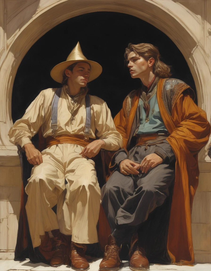 ((Masterpiece, best quality, oil painting, male focus)), ((by Moebius, by J. C. Leyendecker)), ((((the half body reclined portrait of 2 young male wizard apprentices, they are lovers staring each other, tense, bored and frustrated, blushing, sullen))))