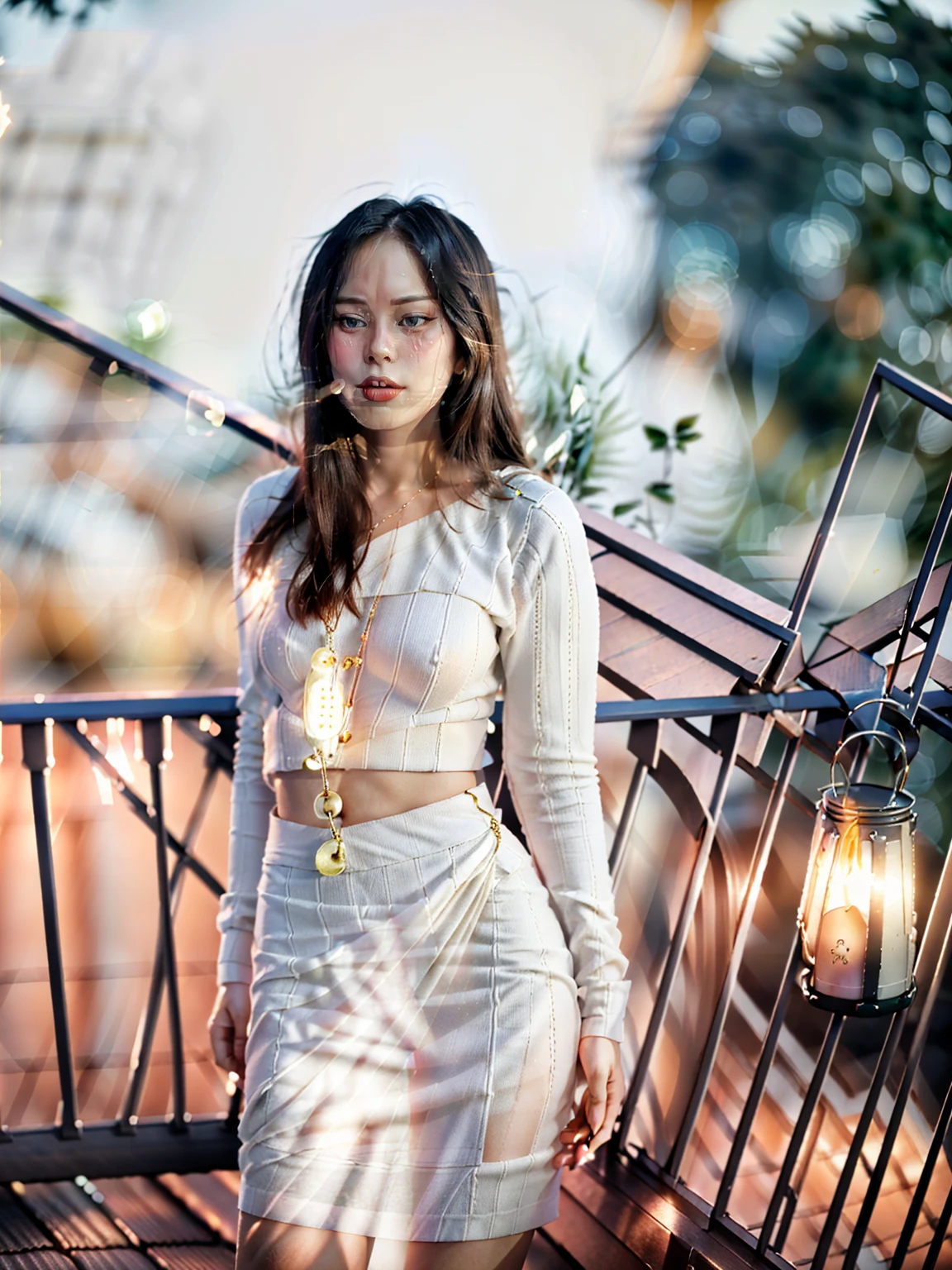 Burmese beautiful woman, 1 girl, solo, pretty lady MoonLay, innocent cute smile, red lips, (standing and seductively arch her back and leaning against the balcony wall and seductively gazing to the sky pose:1.5), smooth face skin, traditional beauty, cinematic portrait glow lighting, traditional dress, (white shirt:1.3), (red skirt:1.3), (half body portrait view:2), (rooftop balcony with vibrant colorful hanging lanterns background:1.5), (cinematic bokeh blur background:1.5), (cinematic camera angle), cinematic lighting, perfect anatomy,