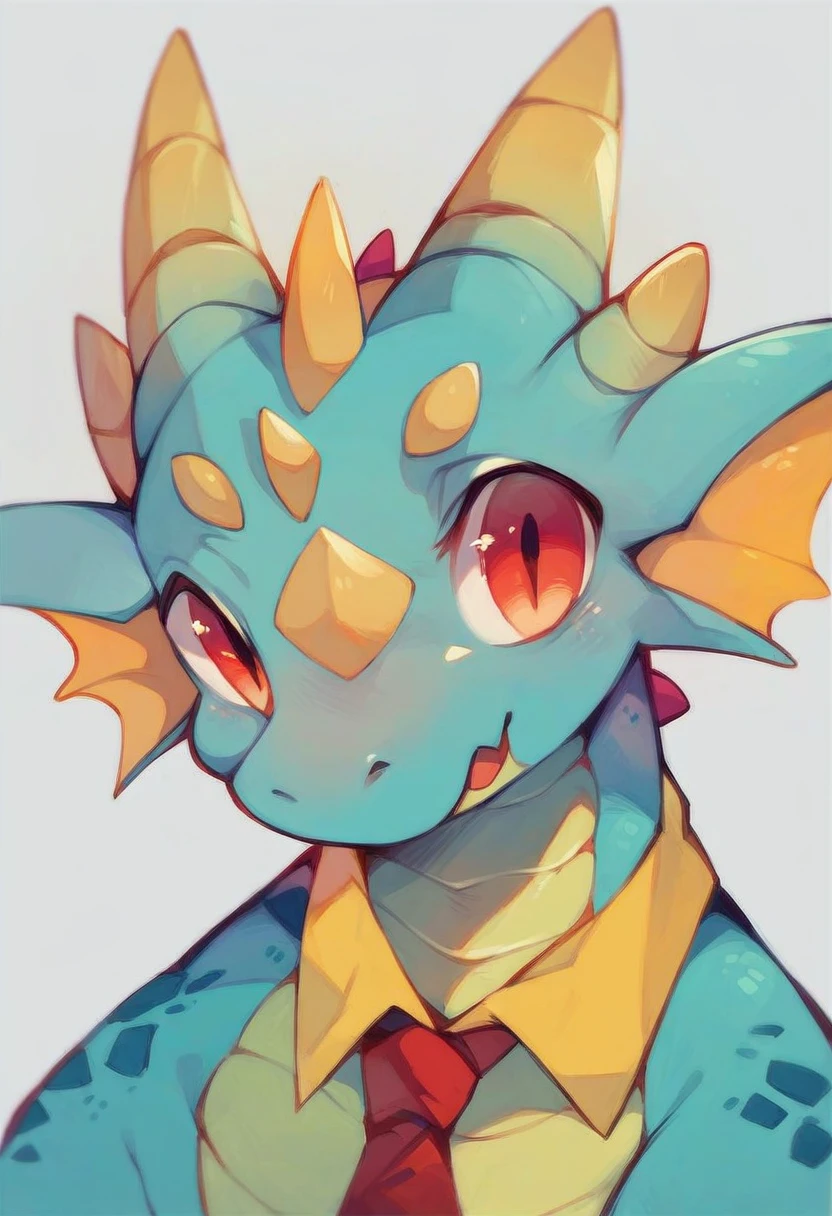 high quality, (Dragon), (cute little dragon), ((((red with yellowish colors)))), he wears a gold tie, (((((White background)))),