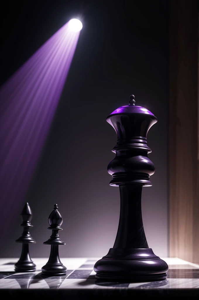 Create a 3D image of a classic, finely detailed, black marble knight chess piece with a polished finish, placed on a dark wooden surface against a black background, illuminated by a dim, purple-hued light from behind that creates a soft halo effect, with a slight secondary light in front to reveal the design details, viewed from a slightly inclined angle to show both front and side, featuring soft shadows, subtle reflections of the purple light on the marble, visible marble texture, and a light mist effect around the base for a mysterious and elegant atmosphere.