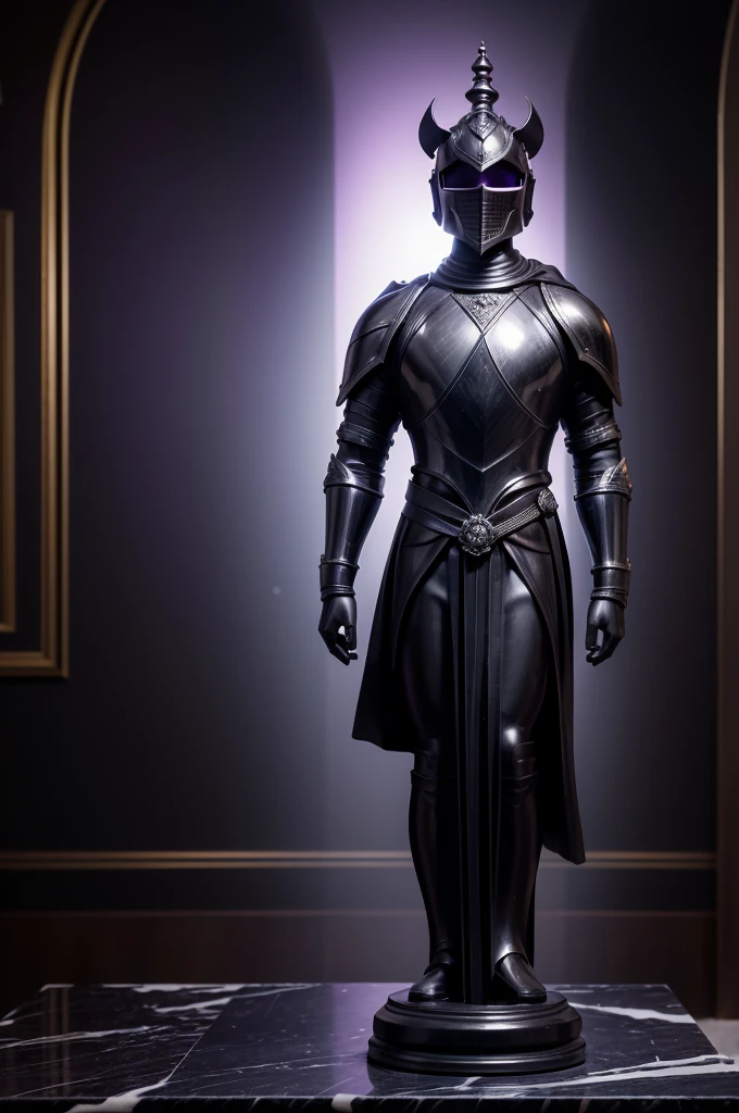 Create a 3D image of a classic, finely detailed, black marble knight chess piece with a polished finish, placed on a dark wooden surface against a black background, illuminated by a dim, purple-hued light from behind that creates a soft halo effect, with a slight secondary light in front to reveal the design details, viewed from a slightly inclined angle to show both front and side, featuring soft shadows, subtle reflections of the purple light on the marble, visible marble texture, and a light mist effect around the base for a mysterious and elegant atmosphere.