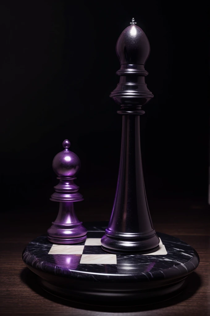 Create a 3D image of a classic, finely detailed, black marble knight chess piece with a polished finish, placed on a dark wooden surface against a black background, illuminated by a dim, purple-hued light from behind that creates a soft halo effect, with a slight secondary light in front to reveal the design details, viewed from a slightly inclined angle to show both front and side, featuring soft shadows, subtle reflections of the purple light on the marble, visible marble texture, and a light mist effect around the base for a mysterious and elegant atmosphere.