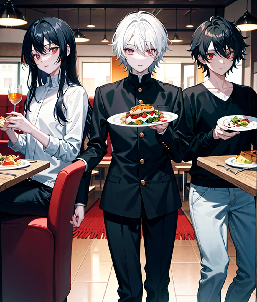 There are three young men, the first has black hair and orange eyes, the second has white hair and red eyes, the third has black hair and red eyes, and the three of them are eating. The background is that they are in a restaurant and with them is a daughter. The first has blue hair and blue eyes, and the second has black hair and brown eyes.