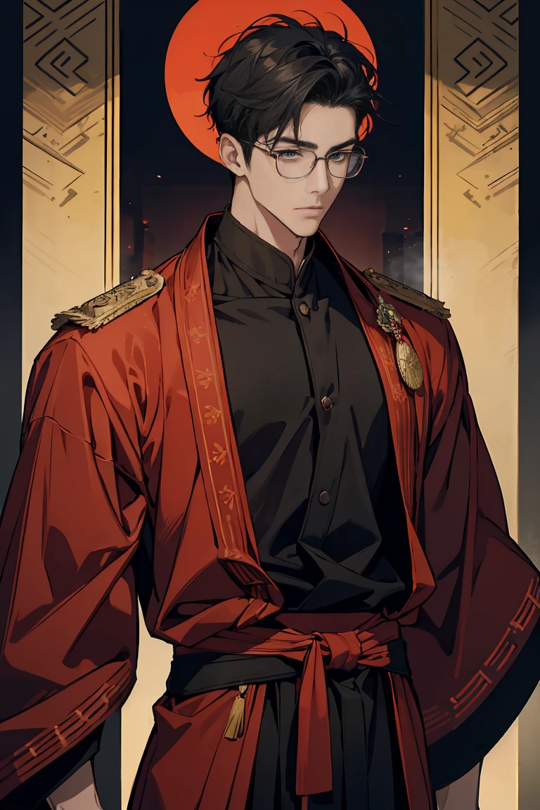 Sorcerer a blackhairedhightlightgreen men, wearing a red samurai armor, short hair, fasion hair, slim body, shirt ornament, hakama, men, handsome face, tall 187cm, 21yearold, male, glasses,Secret