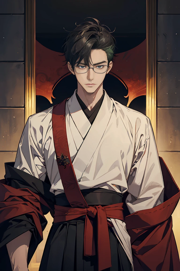 Sorcerer a blackhairedhightlightgreen men, wearing a red samurai armor, short hair, fasion hair, slim body, shirt ornament, hakama, men, handsome face, tall 187cm, 21yearold, male, glasses,Secret