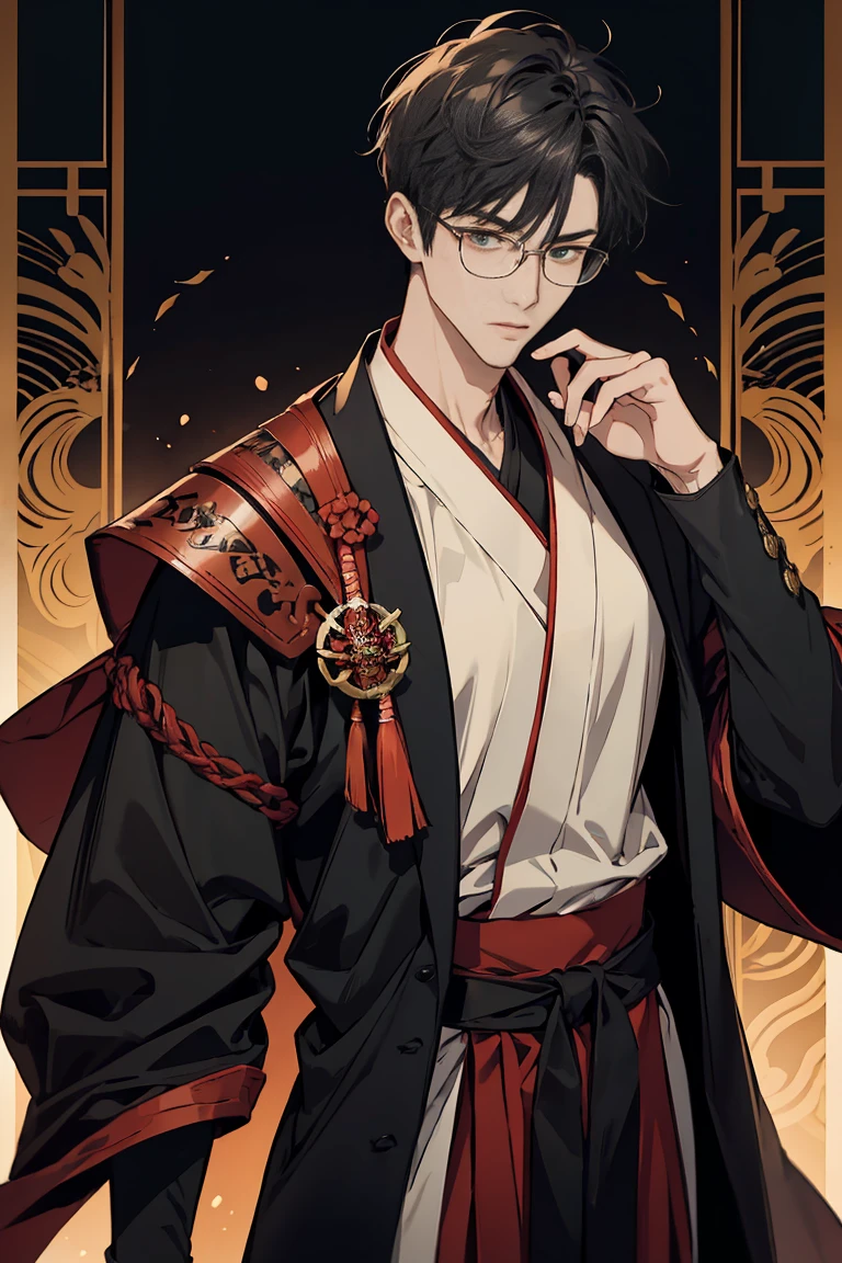 Sorcerer a blackhairedhightlightgreen men, wearing a red samurai armor, short hair, fasion hair, slim body, shirt ornament, hakama, men, handsome face, tall 187cm, 21yearold, male, glasses,Secret