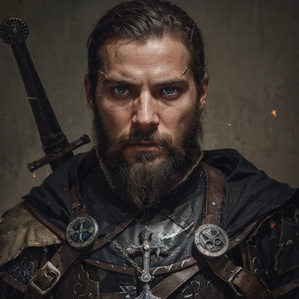 Conrad was a tall and strong young man, but an experienced man. He had piercing blue eyes, who seemed able to see through the very depths of the darkness of our world. His black hair was cut short, and the beard is quite thick, expressing severity , determination and paying tribute to its culture, Despite his young age, he already had gray strands of hair, this is a consequence of large doses of herbal decoctions and the internal state after all the battles with the horrors of this world . His face showed clear signs of battle and trials., reflecting his past when he was a Varangian and now , when he is a cleaner-messenger of God .
Conrad wore lightweight knight's armor on a leather suit decorated with the symbols of the New Vatican - a cross and other sacred signs, as well as pagan runes as a tribute to one’s past and ancestors. On his belt hung a sword with a carefully sharpened blade., shaped like a cross ready for battle at any moment. His stoic posture and confident gaze exuded unshakable determination and dedication to the war effort. .