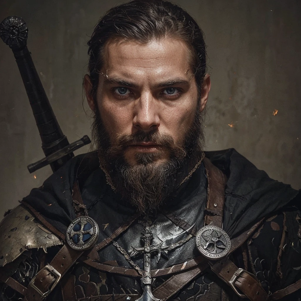 Conrad was a tall and strong young man, but an experienced man. He had piercing blue eyes, who seemed able to see through the very depths of the darkness of our world. His black hair was cut short, and the beard is quite thick, expressing severity , determination and paying tribute to its culture, Despite his young age, he already had gray strands of hair, this is a consequence of large doses of herbal decoctions and the internal state after all the battles with the horrors of this world . His face showed clear signs of battle and trials., reflecting his past when he was a Varangian and now , when he is a cleaner-messenger of God .
Conrad wore lightweight knight's armor on a leather suit decorated with the symbols of the New Vatican - a cross and other sacred signs, as well as pagan runes as a tribute to one’s past and ancestors. On his belt hung a sword with a carefully sharpened blade., shaped like a cross ready for battle at any moment. His stoic posture and confident gaze exuded unshakable determination and dedication to the war effort. .