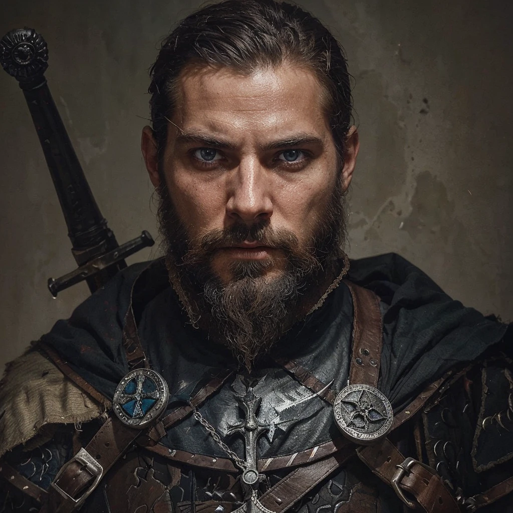 Conrad was a tall and strong young man, but an experienced man. He had piercing blue eyes, who seemed able to see through the very depths of the darkness of our world. His black hair was cut short, and the beard is quite thick, expressing severity , determination and paying tribute to its culture, Despite his young age, he already had gray strands of hair, this is a consequence of large doses of herbal decoctions and the internal state after all the battles with the horrors of this world . His face showed clear signs of battle and trials., reflecting his past when he was a Varangian and now , when he is a cleaner-messenger of God .
Conrad wore lightweight knight's armor on a leather suit decorated with the symbols of the New Vatican - a cross and other sacred signs, as well as pagan runes as a tribute to one’s past and ancestors. On his belt hung a sword with a carefully sharpened blade., shaped like a cross ready for battle at any moment. His stoic posture and confident gaze exuded unshakable determination and dedication to the war effort. .