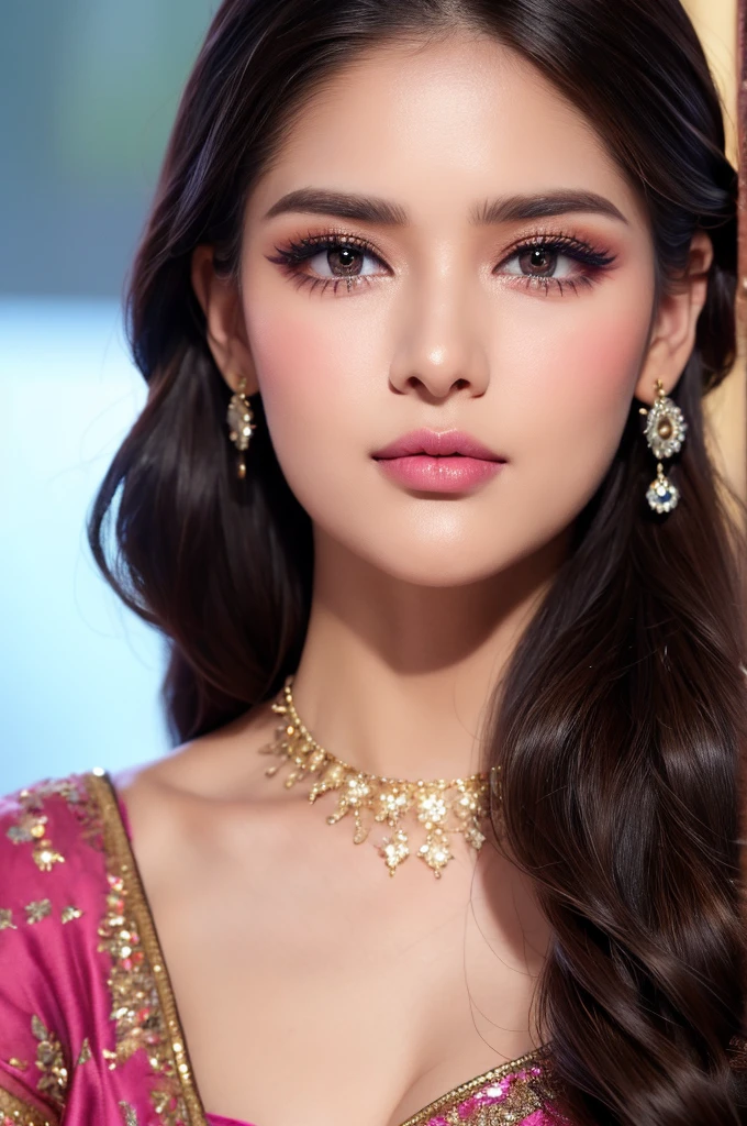 photorealistic Realism 8K, 16K, Quality, (1woman:1.4,  24yo), professional-grade photograph, best, high quality real texture skin, best, high quality real texture hair, (a beautiful (Indian woman:1.25), long flowing hair), elegant designer saree, matching blouse and fashion accessories, ((earrings and heart shaped diamond necklace)), perfect midriff, [[glowing lights]], indoors, night time, dslr, best high quality, soft cinematic lighting, sharp focus captured by Fujifilm XT3, f 5.6, in a ((cinematic {color grading}, focus on cute girl and decorations on realistic architecture, perfect composition)), ((incredibly absurd quality, extremely details, Ultra resolution, clear sharp focus, not blurry, Realistic brown_eyes:1.3)), ((perfect dark_eyeshadows:1.35)), detailed lips:1.3,pink_makeup:1.3, (beautiful little nose), finely detailed face, finely quality eyes, (tired and sleepy and satisfied:0.0), (droopy eyes:1.3), Thin eyebrows, Carefully draw blue_eyelashes, ((perfect round eyes:1.2)), ((finely detailed pupils:1.3)), professional makeup, vibrant eyes:1.2, ((close up of a woman's eyes:1.2)),