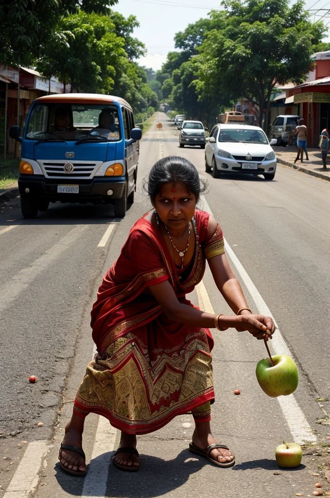 A Indian poor woman is making a big corm put of apples on road people are watching

