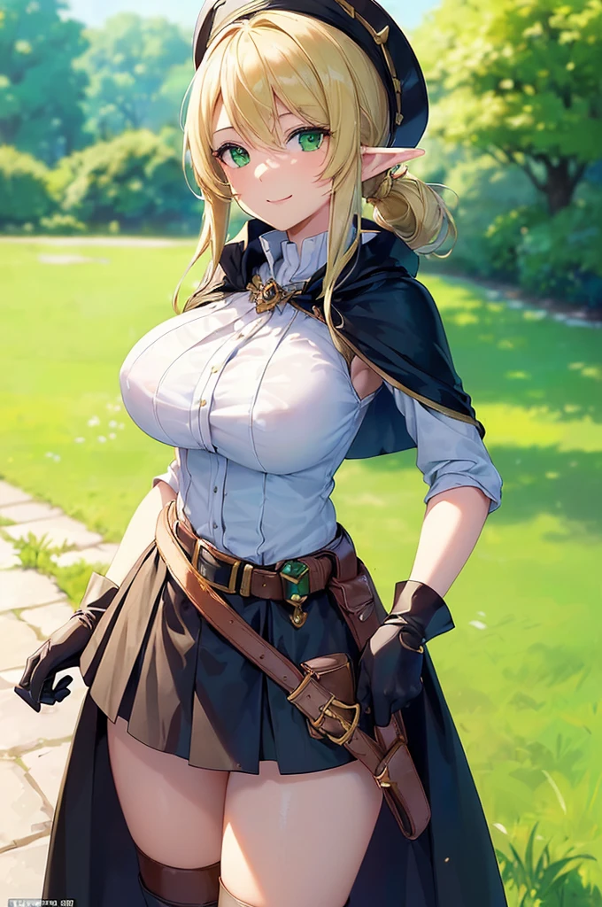 (((masterpiece; best quality: 1.2))), (finely detailed eyes: 1.3), (25 year old elf woman), (solo), (green eyes: 1.4), (body; big breasts, fit, femenine: 1.3), (silky blonde hair in low ponytail: 1.3), (beautiful and clear background: 1.2), ((depth of field)), (equipment: adventurer garb + modest + elegant wide-brim hat + dark blouse + dark cape + black long skirt + gloves + belt + pouches: 1.3), (anime illustration: 1.2), (background composition; royal garden: 1.1), (extremely fine and beautiful: 1.1), (shot composition; standing + centered on torso + close-up: 1.5), (expression; calm, smile: 1.2)