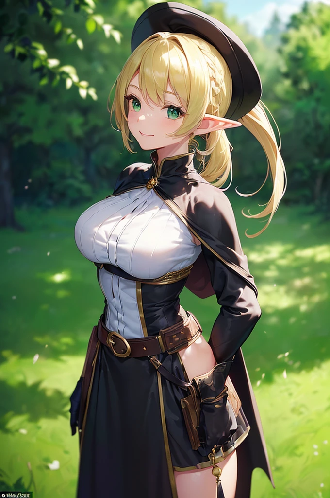 (((masterpiece; best quality: 1.2))), (finely detailed eyes: 1.3), (25 year old elf woman), (solo), (green eyes: 1.4), (body; big breasts, fit, femenine: 1.3), (silky blonde hair in low ponytail: 1.3), (beautiful and clear background: 1.2), ((depth of field)), (equipment: adventurer garb + modest + elegant wide-brim hat + dark blouse + dark cape + black long skirt + gloves + belt + pouches: 1.3), (anime illustration: 1.2), (background composition; royal garden: 1.1), (extremely fine and beautiful: 1.1), (shot composition; standing + centered on torso + close-up: 1.5), (expression; calm, smile: 1.2)