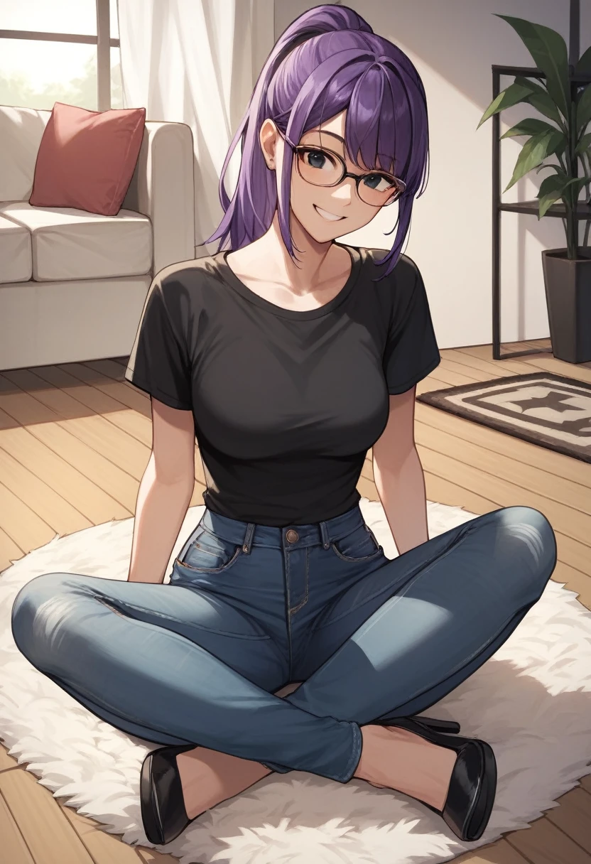 score_9, score_8_up, score_7_up, score_6_up, score_5_up, score_4_up, source_anime, 1girl, sit, smile, glasses, purple hair, ponytail, black eyes, clean hair, black shirt, jeans, black platforms, room, floor, carpet, best quality, best res, 4K UHD,
 